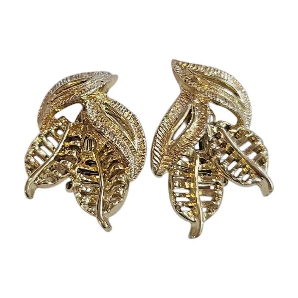 Vintage 80s Gold Tone Corn Flower Leaf Autumn Fall Clip On Earrings